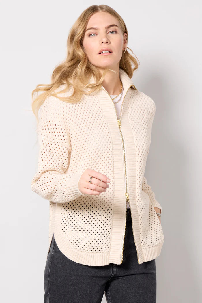 Gilet FINN longline beige – maille ajourée et coupe oversize